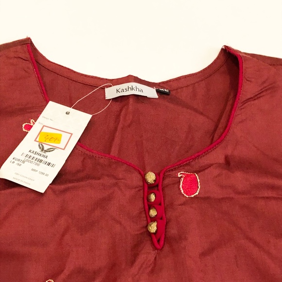 NWT Kashkha Authentic Traditional Kurti Kurta Indian Tunic Maroon Gold Black - Picture 7 of 11